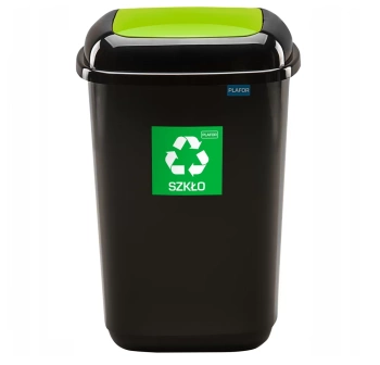 KOSZUCH/45QZ Kosz Quatro 45 l na szkło – pojemnik do segregacji szkła z pokrywą, czarny + zielona pokrywa i etykieta